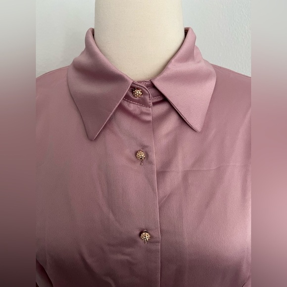 Pink Satin Long Sleeve Collared Button Front Shirt Dress- Size Small - Picture 10 of 10